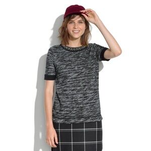 Madewell Sweatshirt Tee Embellished Neckline Black Terry Knit Short Sleeve Top